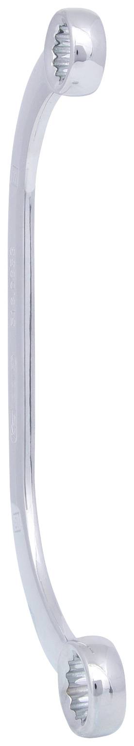 Ein verchromter Gelenkringschlüssel mit gebogener Form und verzahnten Enden, zum Festziehen oder Lösen von Verschraubungen.