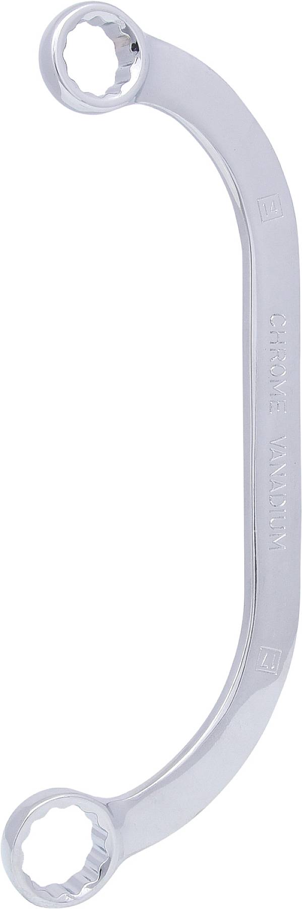 Ein silberfarbener Ringmaulschlüssel mit zwei offenen Enden in verschiedenen Größen, verwendet zum Festziehen oder Lösen von Muttern und Schrauben.