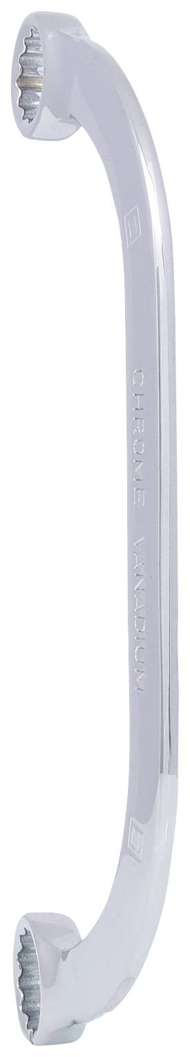 Doppelringmaulschlüssel aus Metall mit gebogenen Enden und unterschiedlicher Schlüsselweite an beiden Enden.