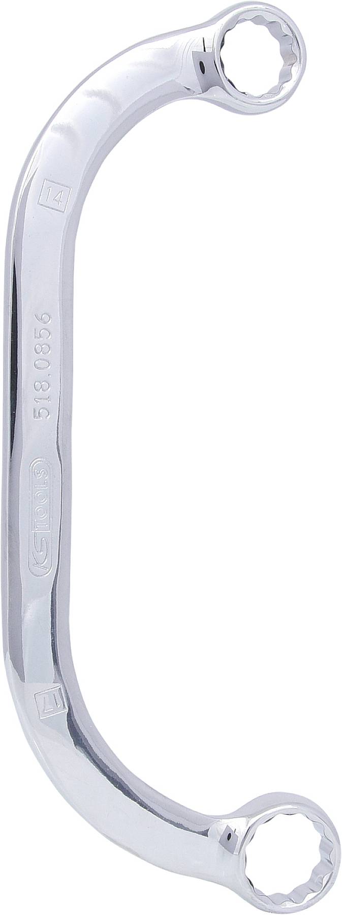 Schlüssel mit zwei Ringen an den Enden, gebogen. Perfekt für schwer zugängliche Schrauben, vor allem bei Kfz-Reparaturen.