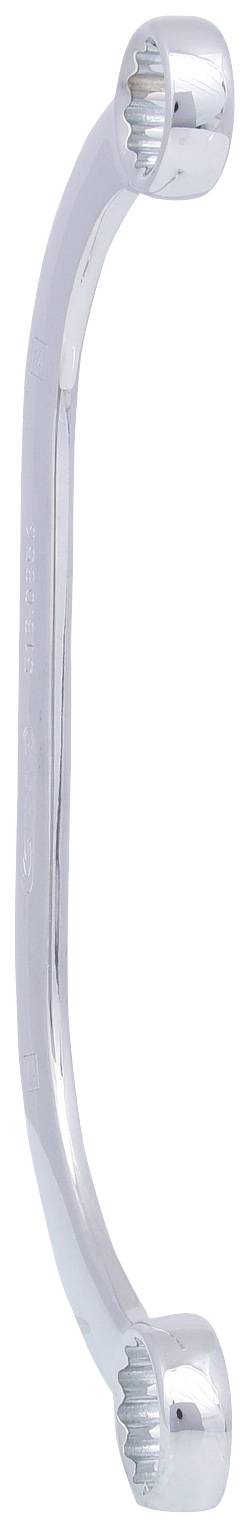 Ein gebogener Schraubenschlüssel aus Metall mit geschlossenen Maulenden an beiden Seiten, geeignet zum Lösen von Muttern und Schrauben.