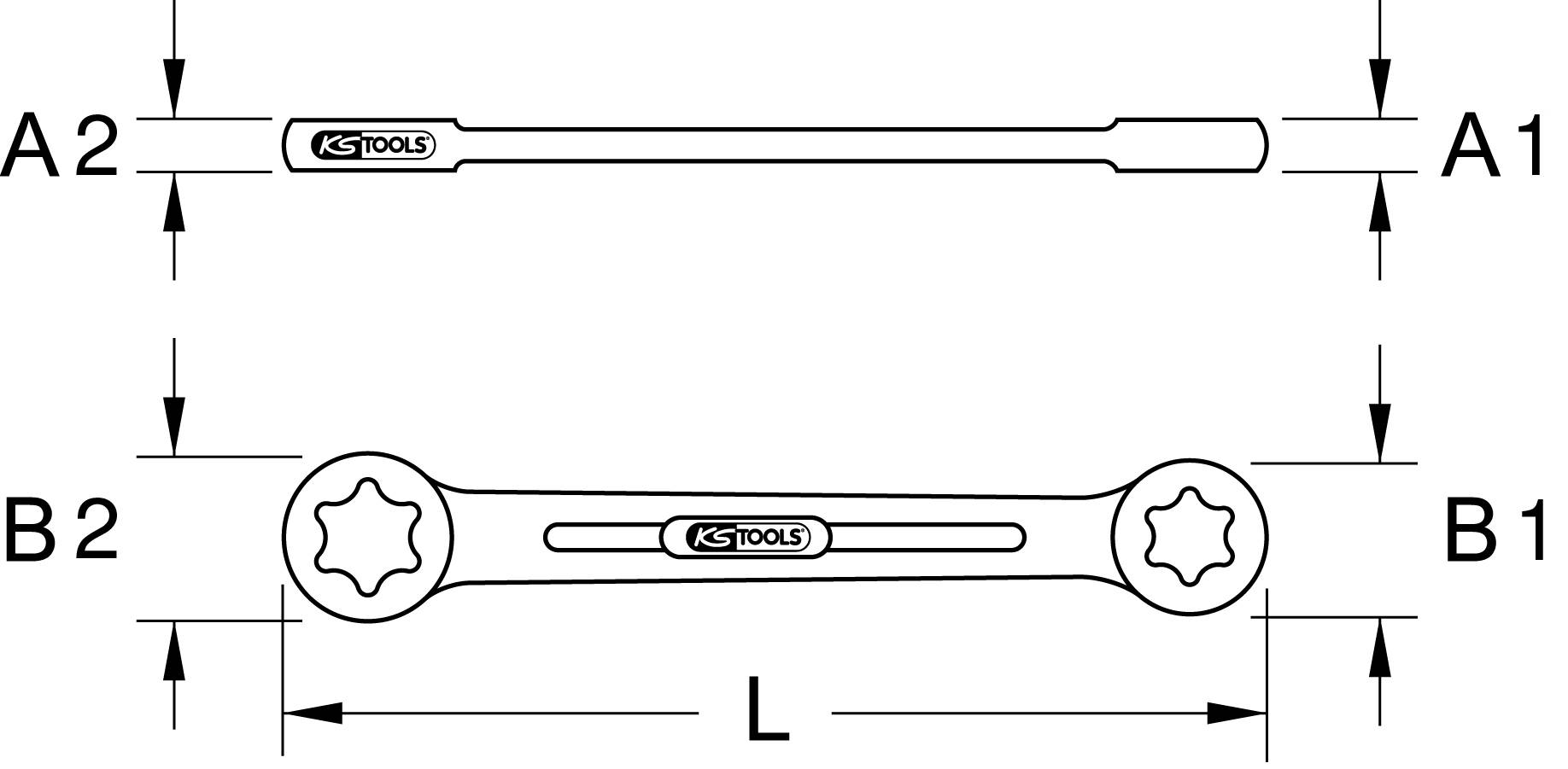 Technische Zeichnung eines KS Tools Doppelseitenschlüssels. Maße angegeben: A1, A2, B1, B2, Länge L. Oben: Seitenansicht; unten: Draufsicht.