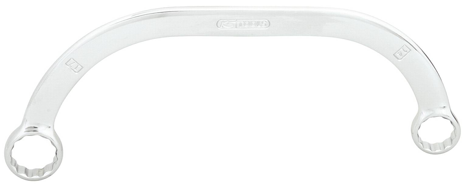 Ein silberner Ringschlüssel mit zwei Enden, der für spezielle Schraubarbeiten verwendet wird. Aufschrift in der Mitte nicht lesbar.