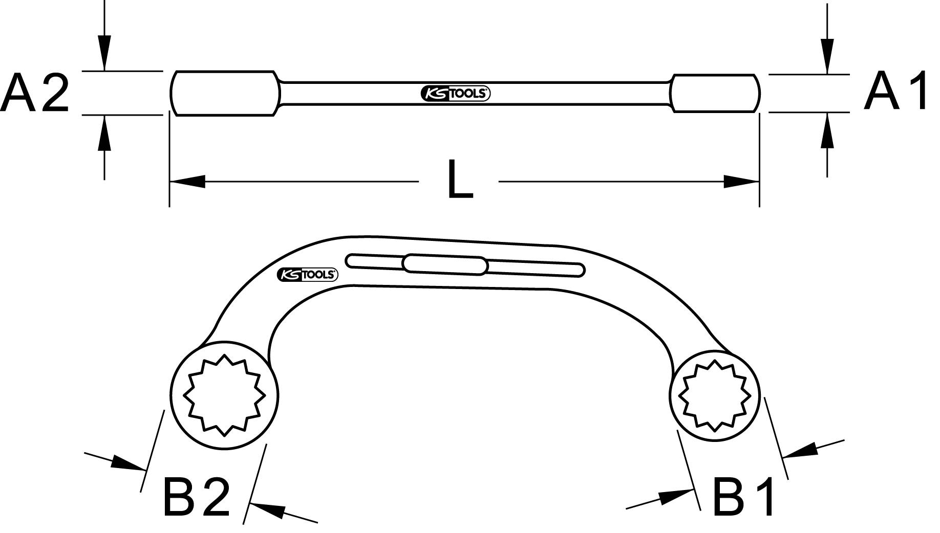 Zeichnung eines Werkzeugs: Oben ein langer Stab (Länge 'L') mit Enden A1, A2. Darunter ein gebogener Schlüssel mit Enden B1, B2.