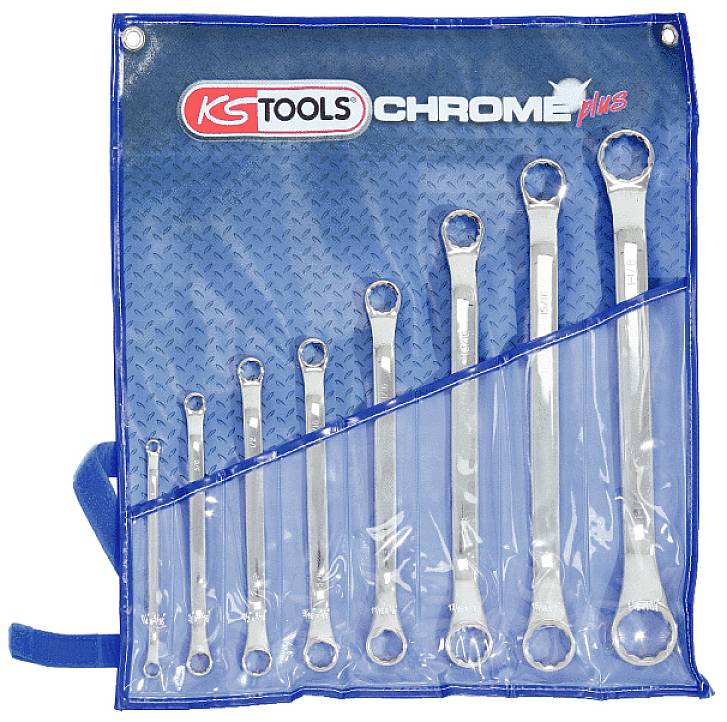 Ein Werkzeugsatz mit neun Ringmaulschlüsseln in verschiedenen Größen in einer blauen Aufbewahrungstasche mit 'KS Tools' Logo.