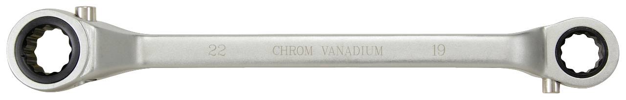 Ein silberner Ring-Ratschenschlüssel mit den Größenangaben '22' und '19' auf der Seite, geeignet für mechanische Arbeiten.