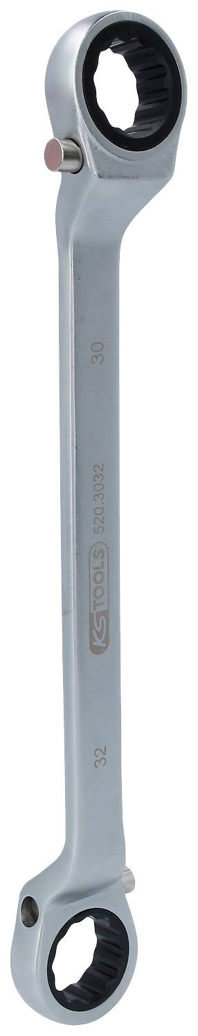 Metallschlüssel mit Ratschenfunktion, zwei Enden mit unterschiedlichen Nussgrößen, ideal zum Anziehen oder Lösen von Schrauben.