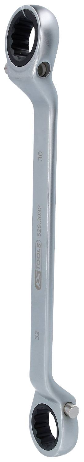 Ein silberner Maulschlüssel mit Ratschenfunktion, aus Metall gefertigt, zeigt zwei unterschiedlich große Sechskantöffnungen an den Enden.