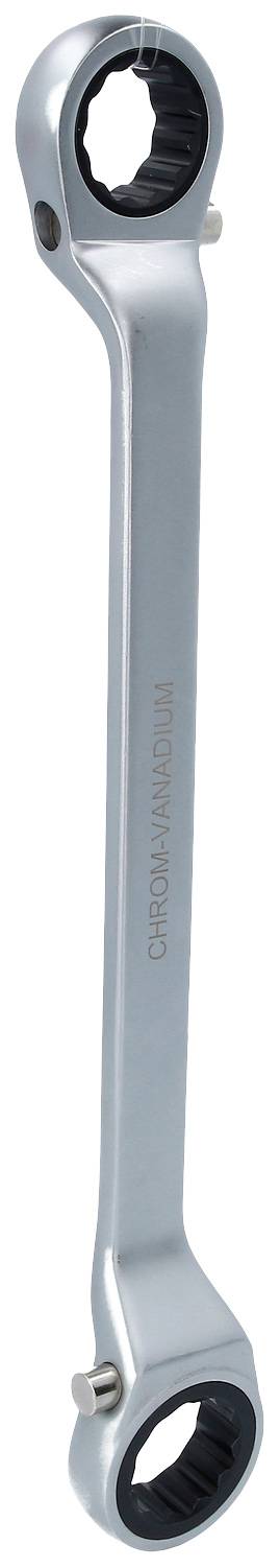 Ein silberner Doppelmaulschlüssel mit schwarzem Ratschenmechanismus an beiden Enden, geeignet für verschiedene Schraubengrößen.