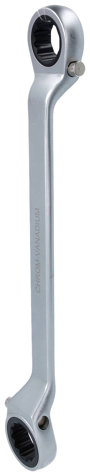 Ein silberner Ratschenringschlüssel mit zwei offenen Enden, die jeweils unterschiedliche Größen haben.