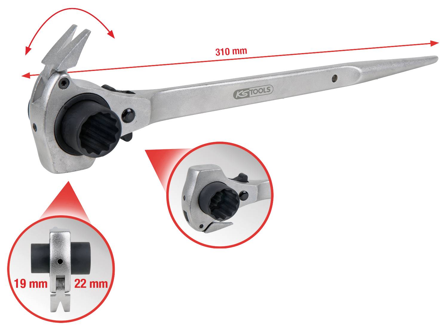 Ein Ratschen-Rohrschlüssel mit einer Länge von 310 mm, geeignet für Muttern mit einer Größe von 19 mm und 22 mm.