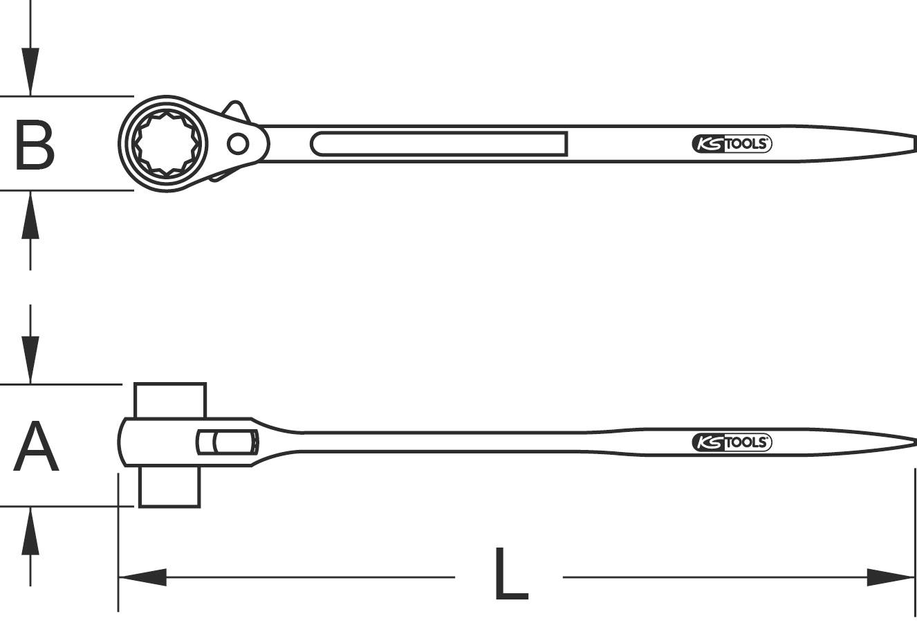 Ratschenschlüssel, L=Gesamtlänge, A=Kopfbreite, B=Kopfhöhe. Werkzeug von KS Tools, seitliche und obere Ansicht.