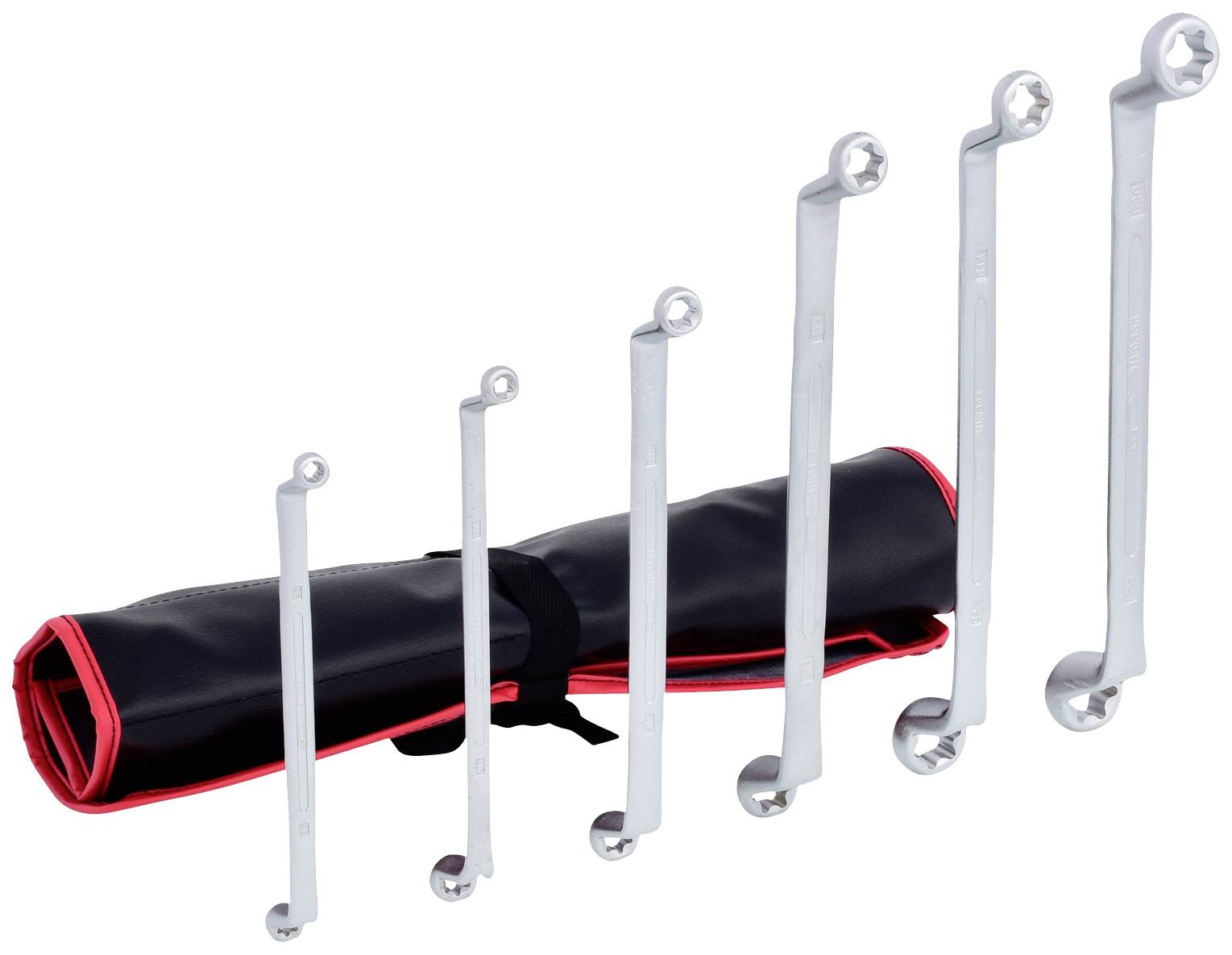 Sechs abgewinkelte Ringschlüssel in verschiedenen Größen sind neben einer aufgerollten schwarzen Werkzeugtasche mit rotem Rand abgebildet.