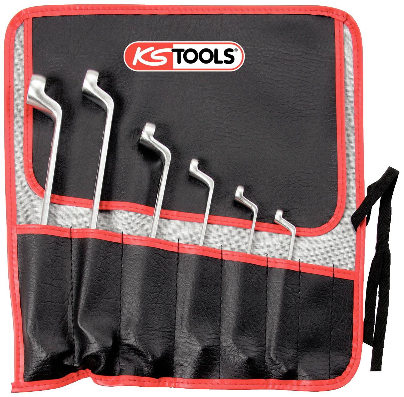 'Satz von sieben gebogenen Schraubenziehern in einer schwarzen Tasche mit rotem Rand, Logo 