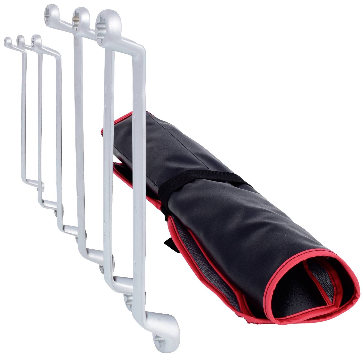 Silberner, mehrstufiger Wandhandtuchhalter mit schwarzer, rot umrandeter Tasche.