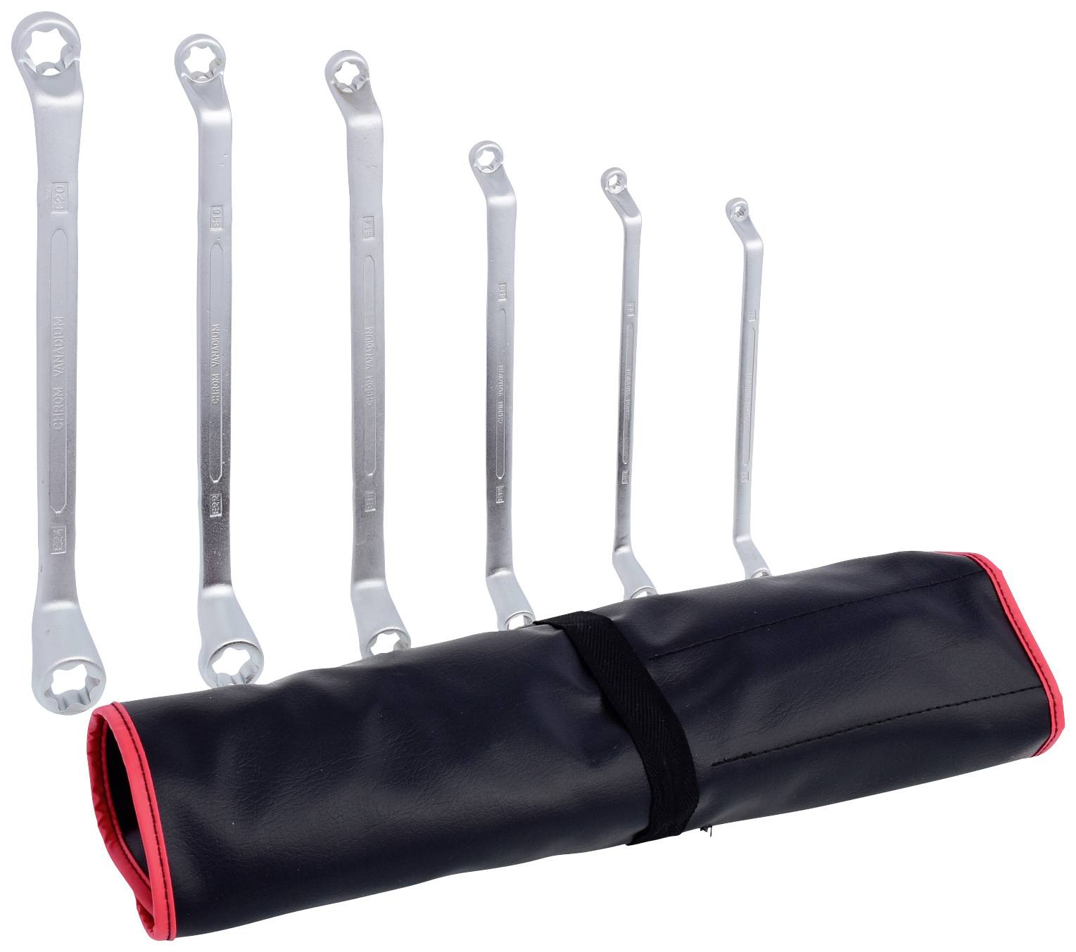 Ein Satz Schraubenschlüssel in verschiedenen Größen liegt neben einer schwarzen Tragetasche mit rotem Rand.