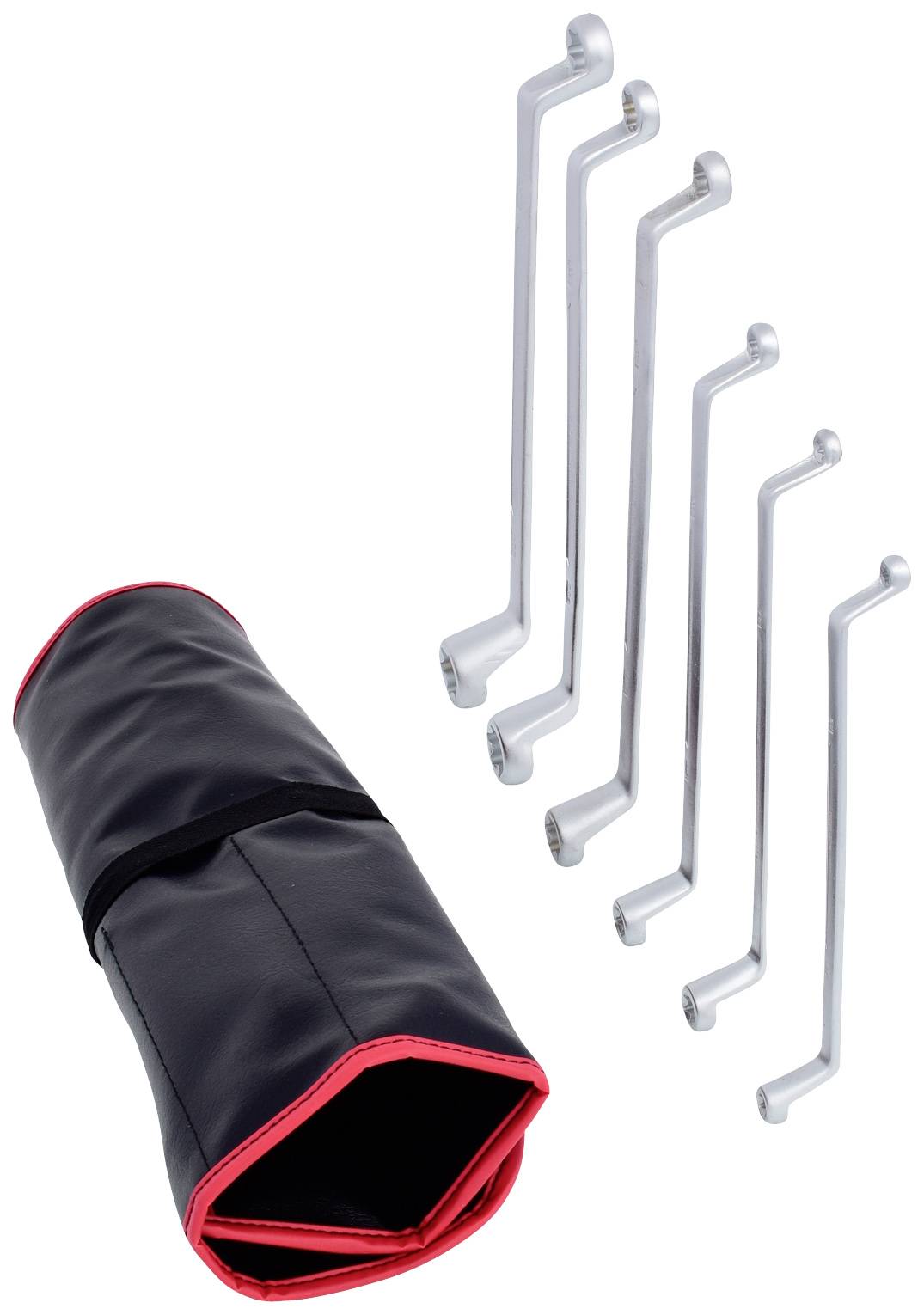 Satz von sieben Schraubenschlüsseln in verschiedenen Größen neben einer schwarzen Werkzeugtasche mit roter Umrandung.