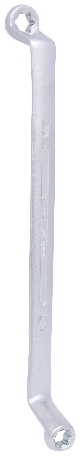 Ein silberner Doppelmaulschlüssel mit zwei unterschiedlich großen Sechskantöffnungen an den Enden. Geeignet für mechanische Arbeiten.