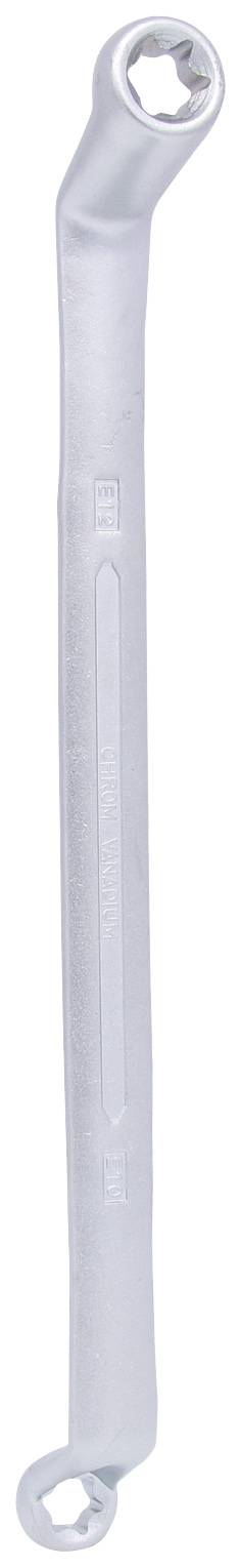 Ein silberner, gebogener Ringschlüssel mit zwei Sechskantöffnungen an den Enden zum Lösen und Festziehen von Schraubenmuttern.
