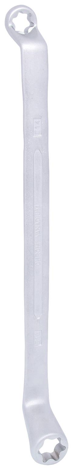 Metallschlüssel mit abgewinkeltem Ende, geeignet zum Lösen oder Anziehen von Muttern oder Schrauben, vor weißem Hintergrund.