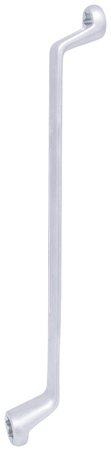 Ein silberner Radmutterschlüssel mit zwei unterschiedlich großen Sechskantköpfen, einer an jedem Ende, leicht gebogen für besseren Halt.