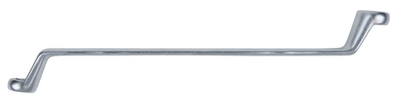 Ein silbernes Metallwerkzeug mit abgewinkelten Enden, möglicherweise ein Spannbügel oder Hebel.
