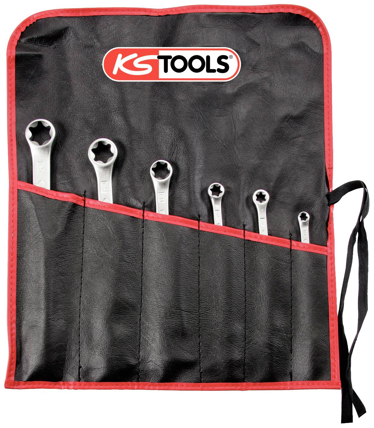 Sechs Ringmaulschlüssel in unterschiedlichen Größen in einer schwarzen Werkzeugtasche mit rotem Rand, mit 'KS Tools'-Logo darauf.
