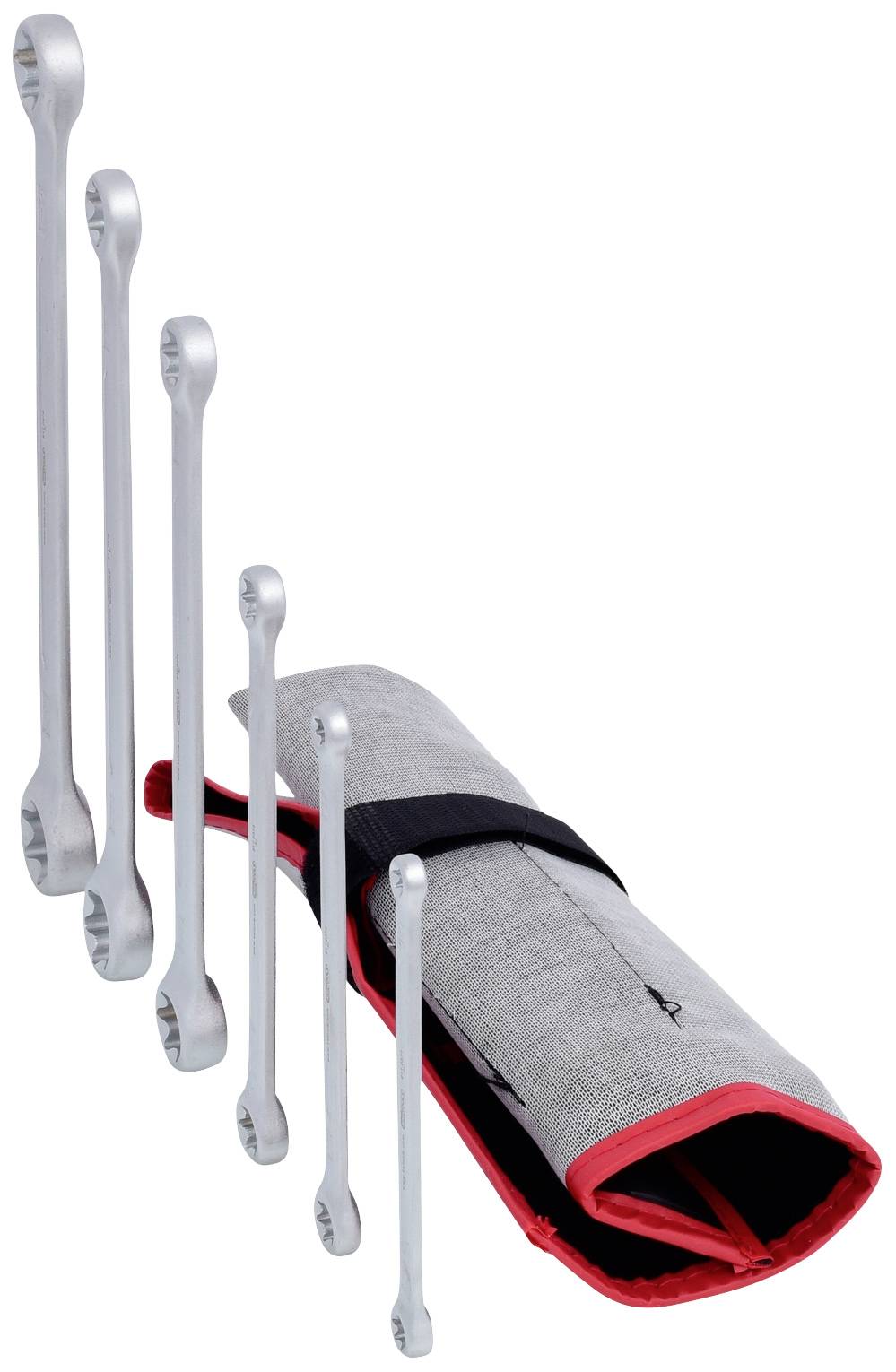 Ein Set von sechs langen Ringschlüsseln in verschiedenen Größen neben einer grauen, aufgerollten Werkzeugtasche mit rotem Rand.