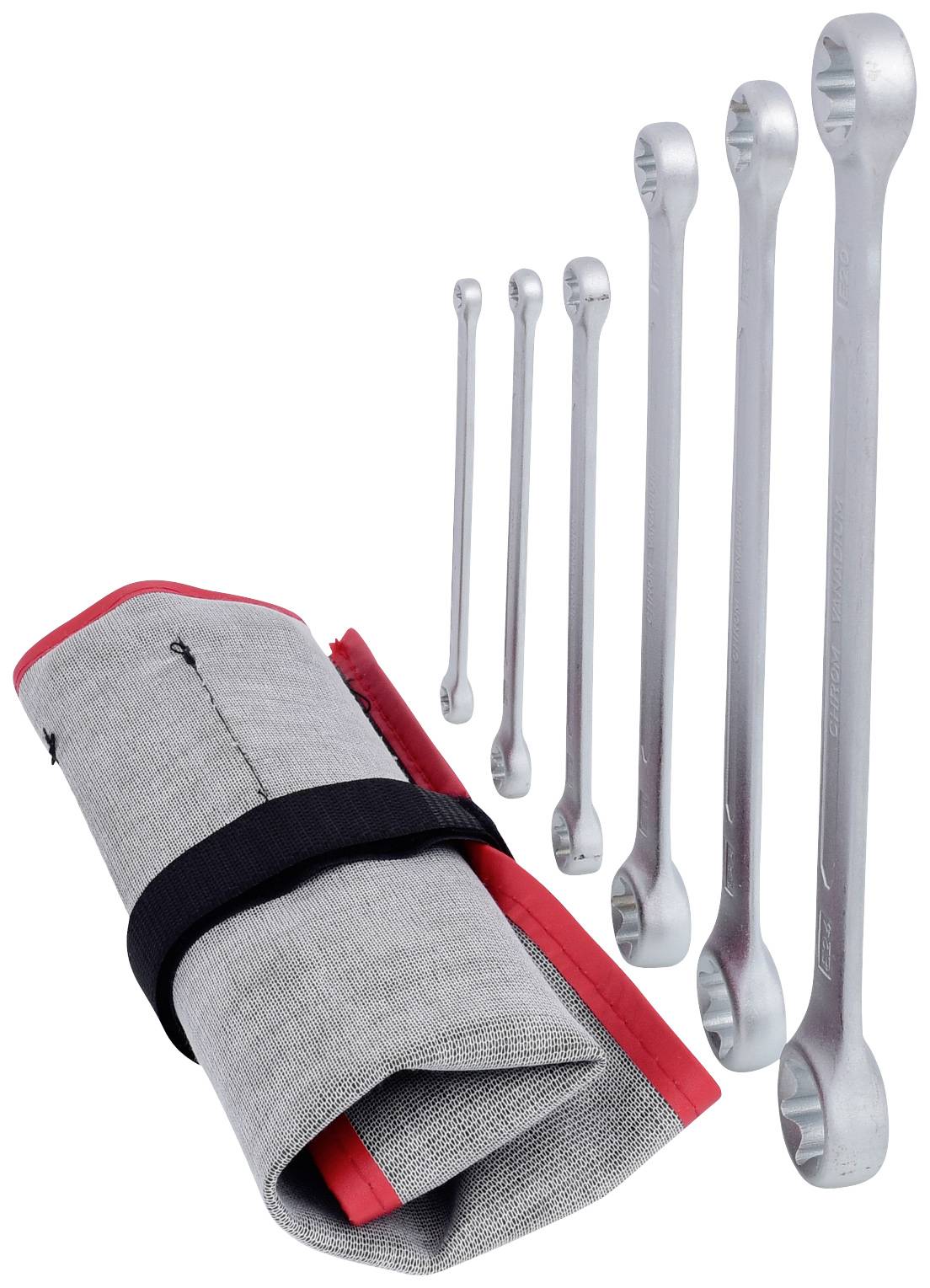Sechs doppelseitige Schraubenschlüssel aus Stahl neben einer zusammenrollbaren grauen Tasche mit schwarzem Verschlussband.