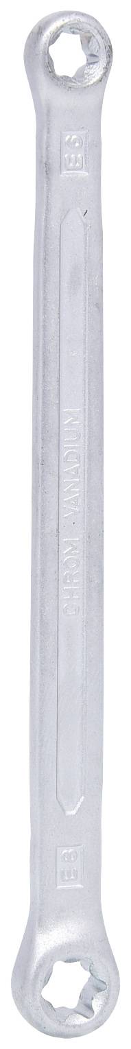 Ein silberner Schraubenschlüssel mit zwei Maulschlüsselenden, die Sechskantmuttern umfassen können.