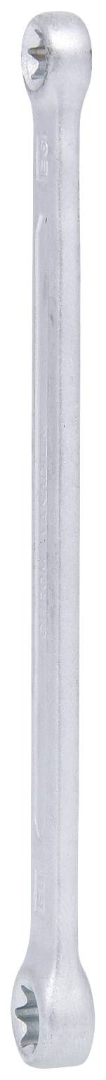 Doppelseitiger Ringschlüssel aus Metall, mit unterschiedlichen Schlüsselweiten an jedem Ende. Utilisiert für Schrauben- und Mutternarbeit.