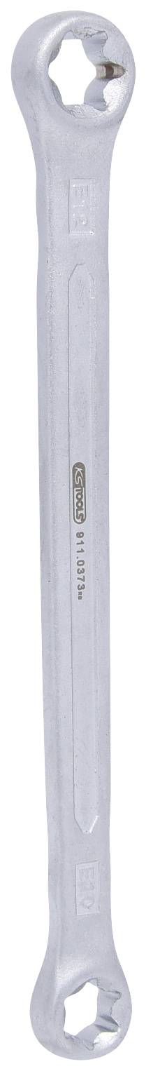 Ein silberner Ringmaulschlüssel mit zwei unterschiedlichen Sechskantgrößen an den Enden, glänzend und aus Metall gefertigt.