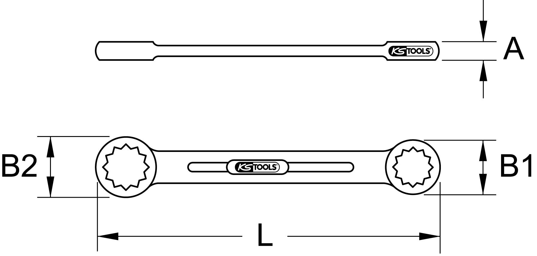 Eine technische Zeichnung eines Doppelringschlüssels mit den Maßen A, B1, B2 und L, mit dem KS Tools-Logo auf dem Schlüssel.