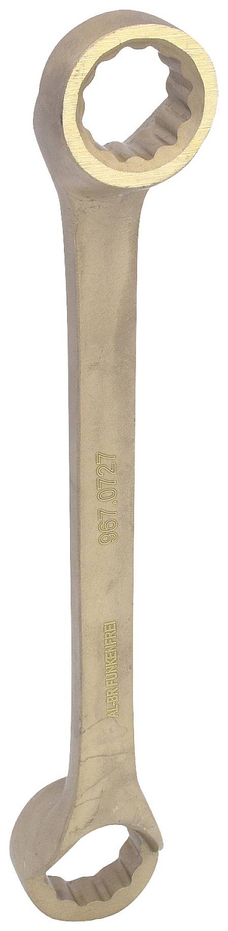 Ein goldfarbener Ringschlüssel mit unterschiedlichen Öffnungsgrößen an beiden Enden.