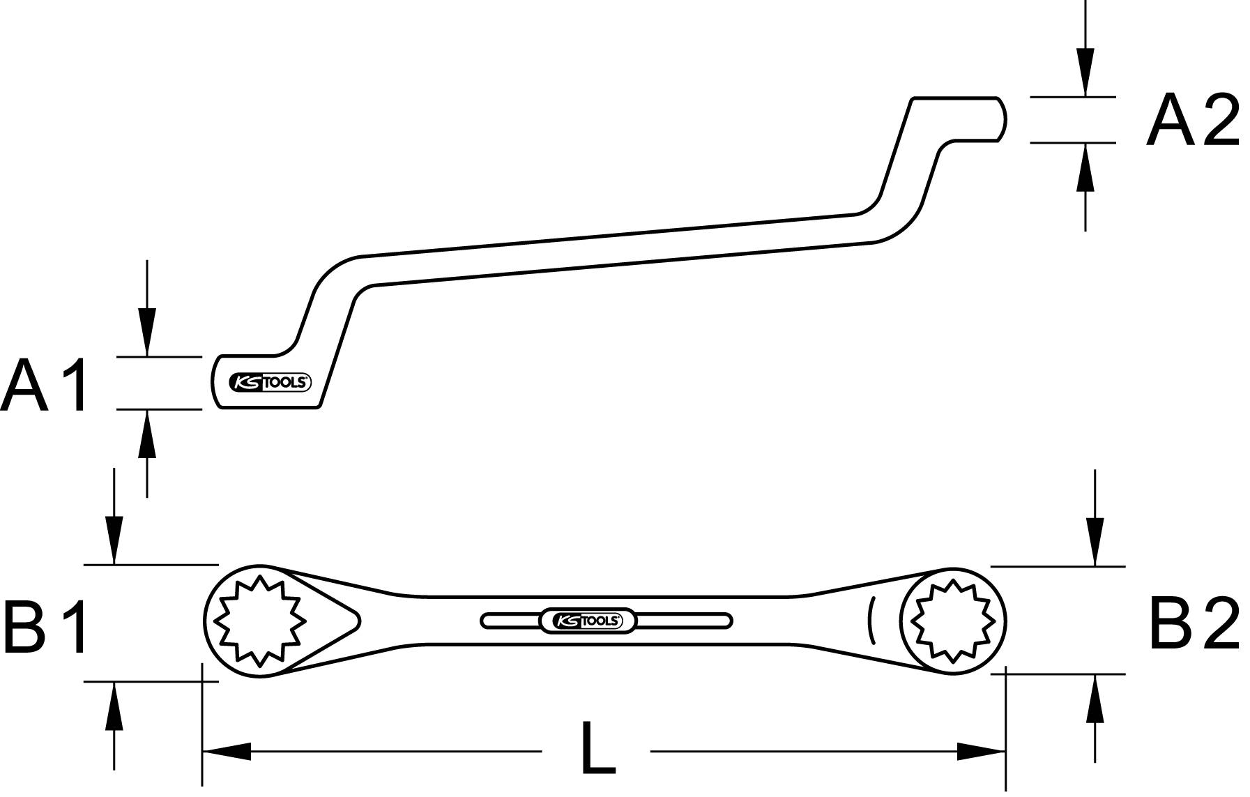 Diagramm von zwei Ringschlüsseln in Seiten- und Draufsicht, mit den Maßen A1, A2, B1, B2 und L angegeben.