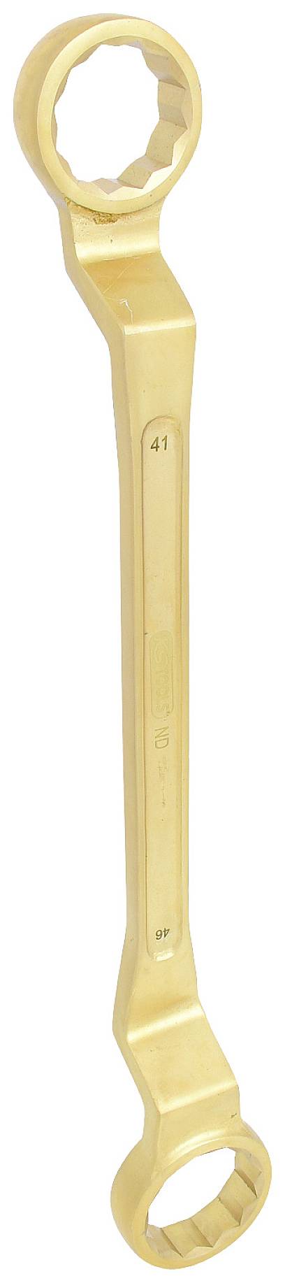 Ein goldfarbener Doppelmaulschlüssel mit zwei unterschiedlich großen Köpfen an den Enden, zur Verwendung in mechanischen Arbeiten.