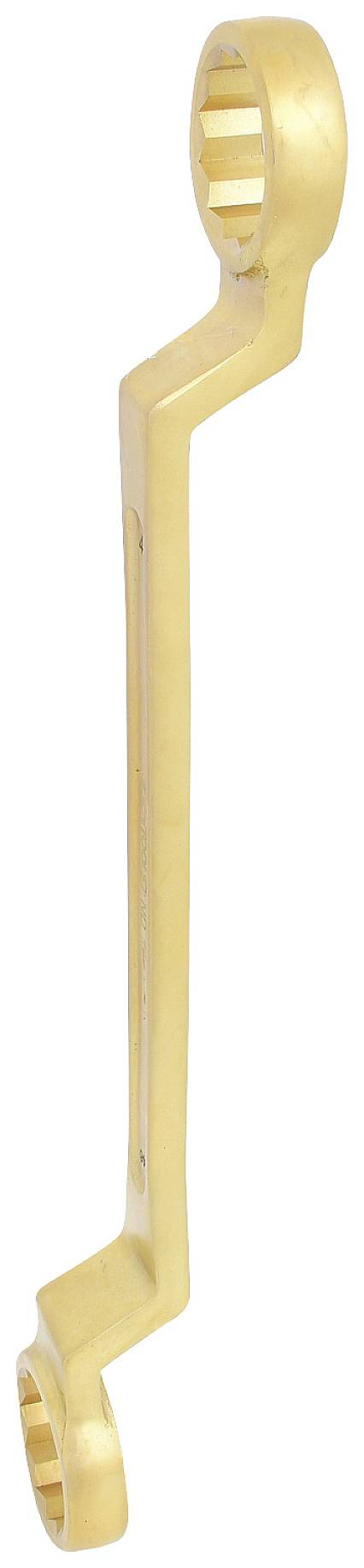 Ein goldener Doppelringschlüssel mit abgewinkeltem Griff.