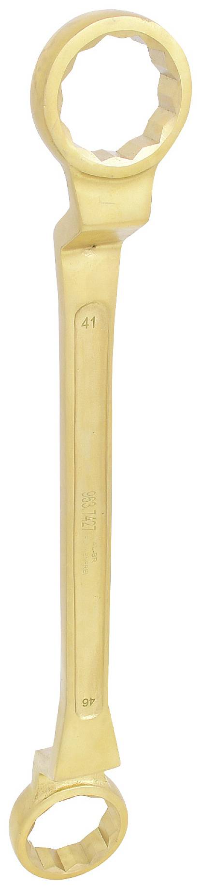 Ein doppelseitiger Ringschlüssel aus Metall mit zwei unterschiedlich großen Sechskantöffnungen, geeignet zum Lösen von Schrauben und Muttern.