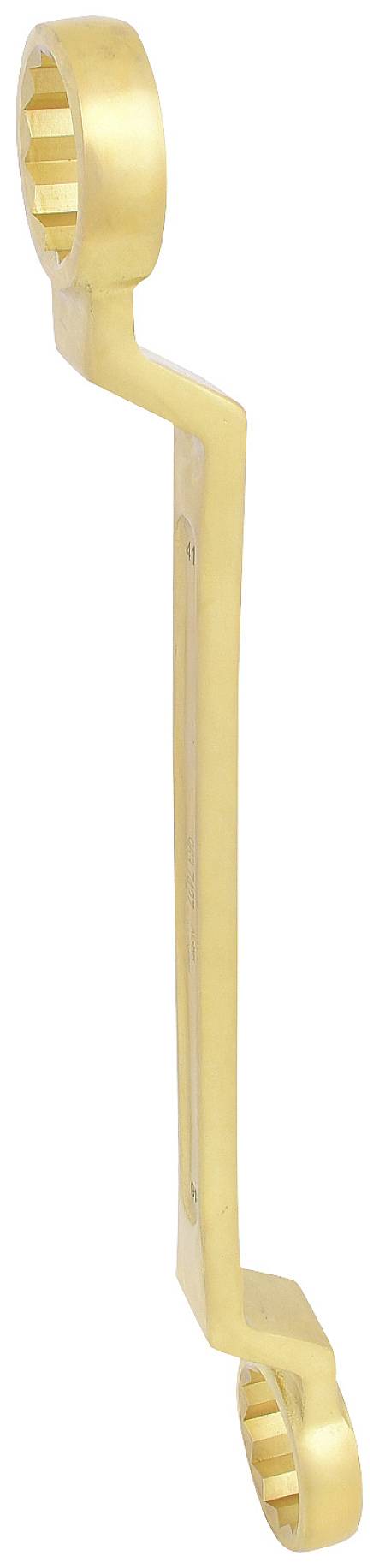 Ein goldener Doppelringschlüssel mit abgewinkeltem Design. Ideal zum Lösen oder Festziehen von Schrauben an schwer zugänglichen Stellen.