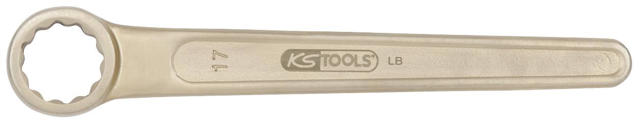 Ein beige, stabiler Ringschlüssel mit der Markierung 'KG Tools' und der Größe '17'. Er hat ein sechseckiges Ende zum Drehen von Muttern.