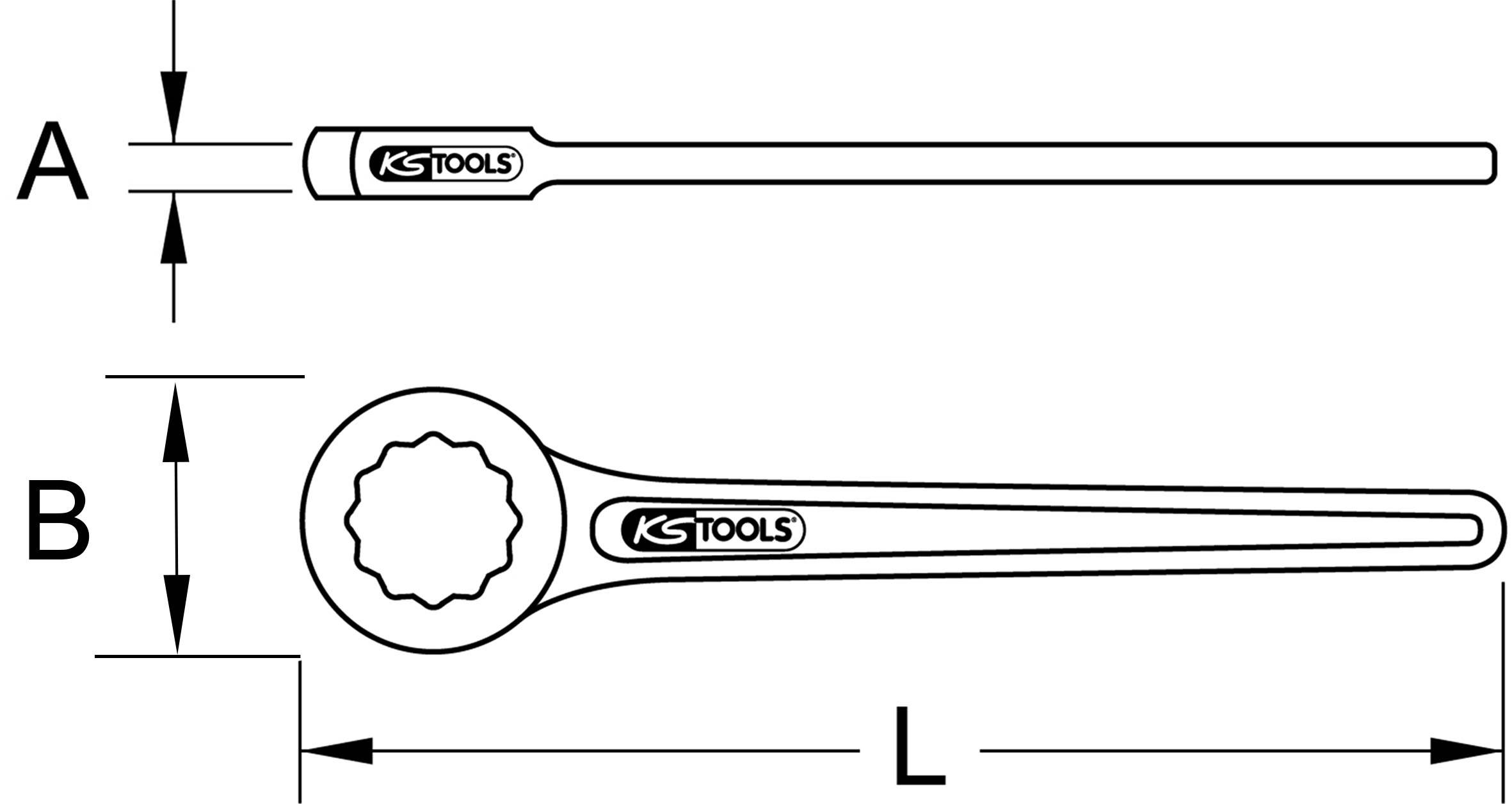 'KS Tools'-Ringmaulschlüssel in Seitenansicht. Breite 'A', Länge 'L' und Ringdurchmesser 'B' sind mit Doppelpfeilen markiert.