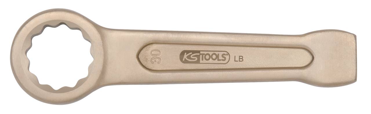 Ein goldfarbener Ringschlüssel mit der Aufschrift 'KS TOOLS LB'. Der Griff ist breit und stabil.