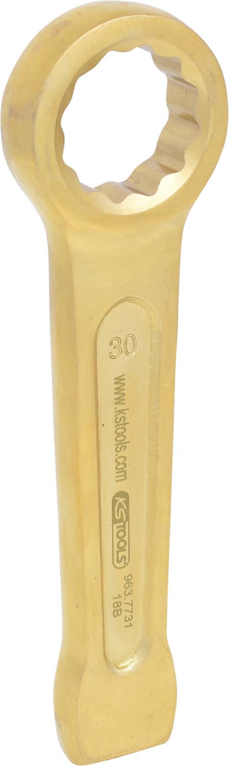Ein Messing-Ringmaulschlüssel mit der Aufschrift '30' und einer Seriennummer. Er hat eine sechseckige Öffnung und ist rostfrei.