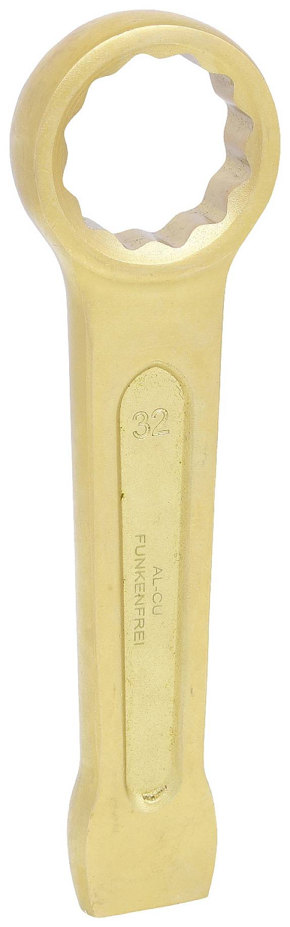 Ein goldfarbener 32-mm-Schlüssel mit sechseckigem Kopf und breitem Griff. Geeignet für funkenfreie Arbeitsumgebungen.