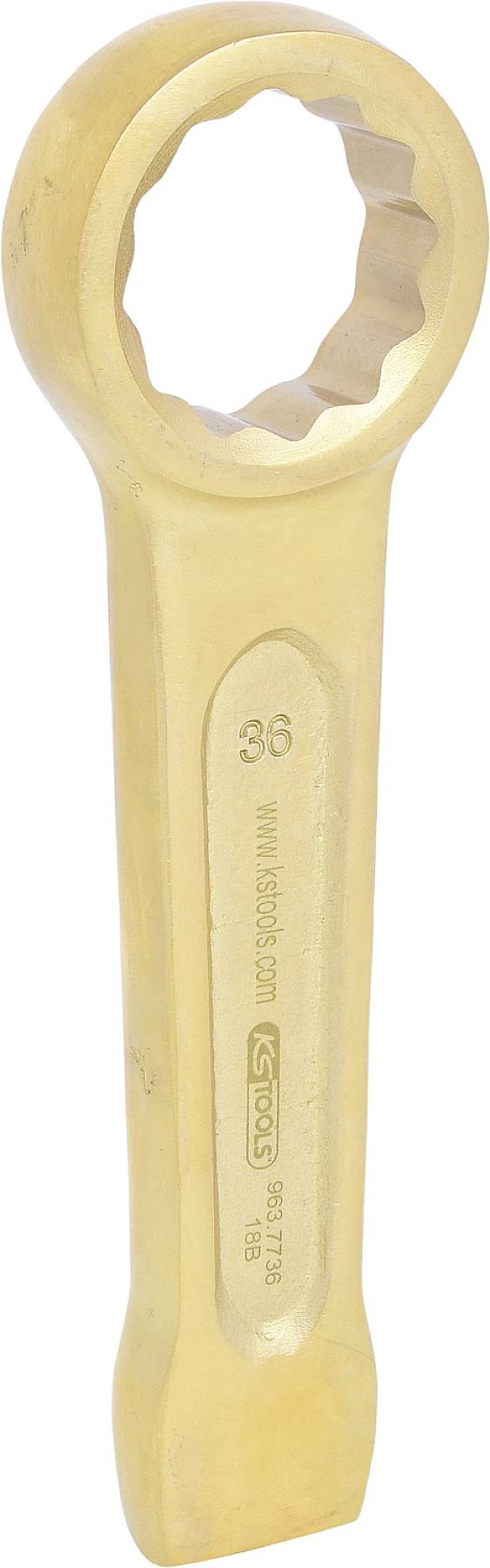 Ein gelber Schraubenschlüssel mit ringförmigem Ende und der Aufschrift '36'. Strukturiertes Griffdesign.