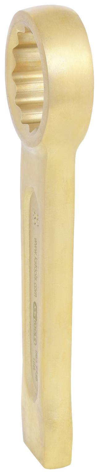 Ein goldfarbener Ringschlüssel in vertikaler Position, ohne sichtbare Marke oder Beschriftung. Er hat einen geschlossenen, gezahnten Kopf.