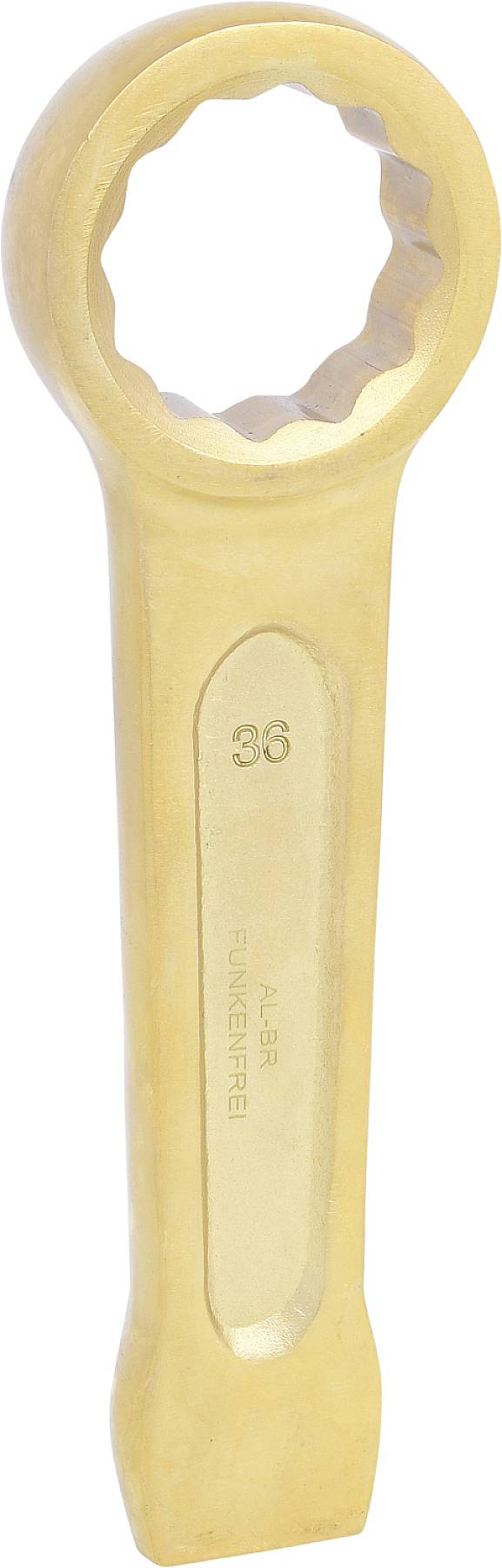 Messingfarbener Schraubenschlüssel mit runder Öffnung und geformten Griff, geeignet für manuelle Anwendung.