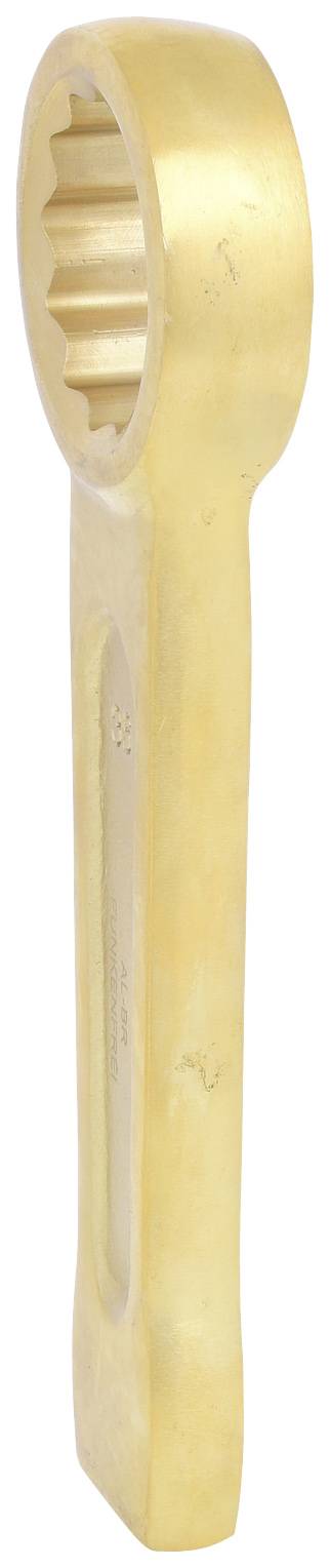 Ein goldfarbener Schraubenschlüssel mit einem runden Kopf und gezacktem Innenprofil, geeignet zur Befestigung schwerer Muttern.