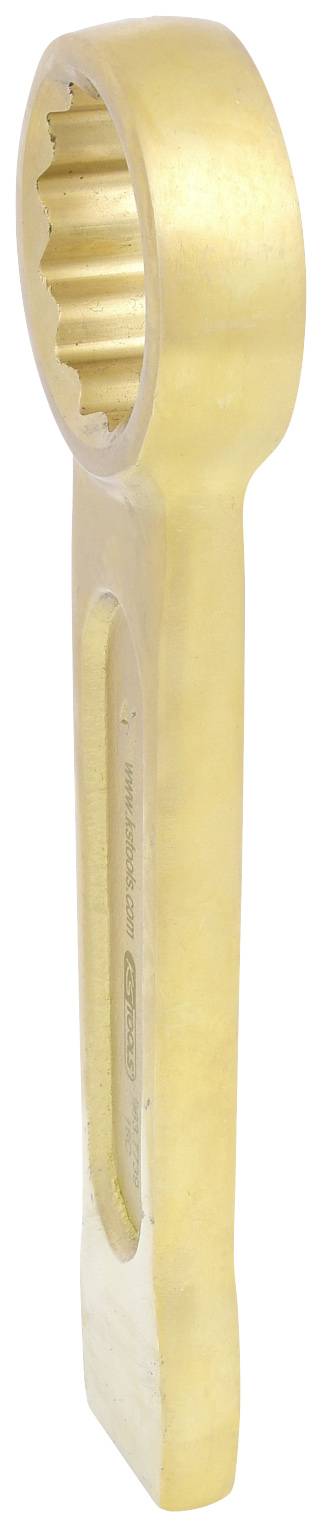 Ein goldfarbener Schraubenschlüssel mit einem ringförmigen Ende und einem stabilen Griff, geeignet für große Schrauben oder Muttern.