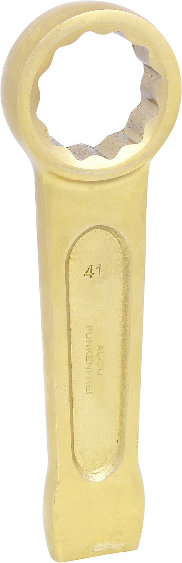 Ein goldener, massiver Schlüssel mit der Gravur '41' und 'ALCO'. Er hat eine runde Öffnung für Sechskantmuttern und ist schwer.